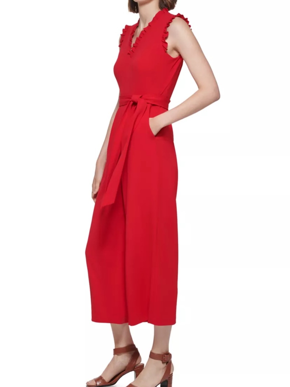 Calvin Klein Red Sleeveless Midi Jumpsuit with Waist Tie